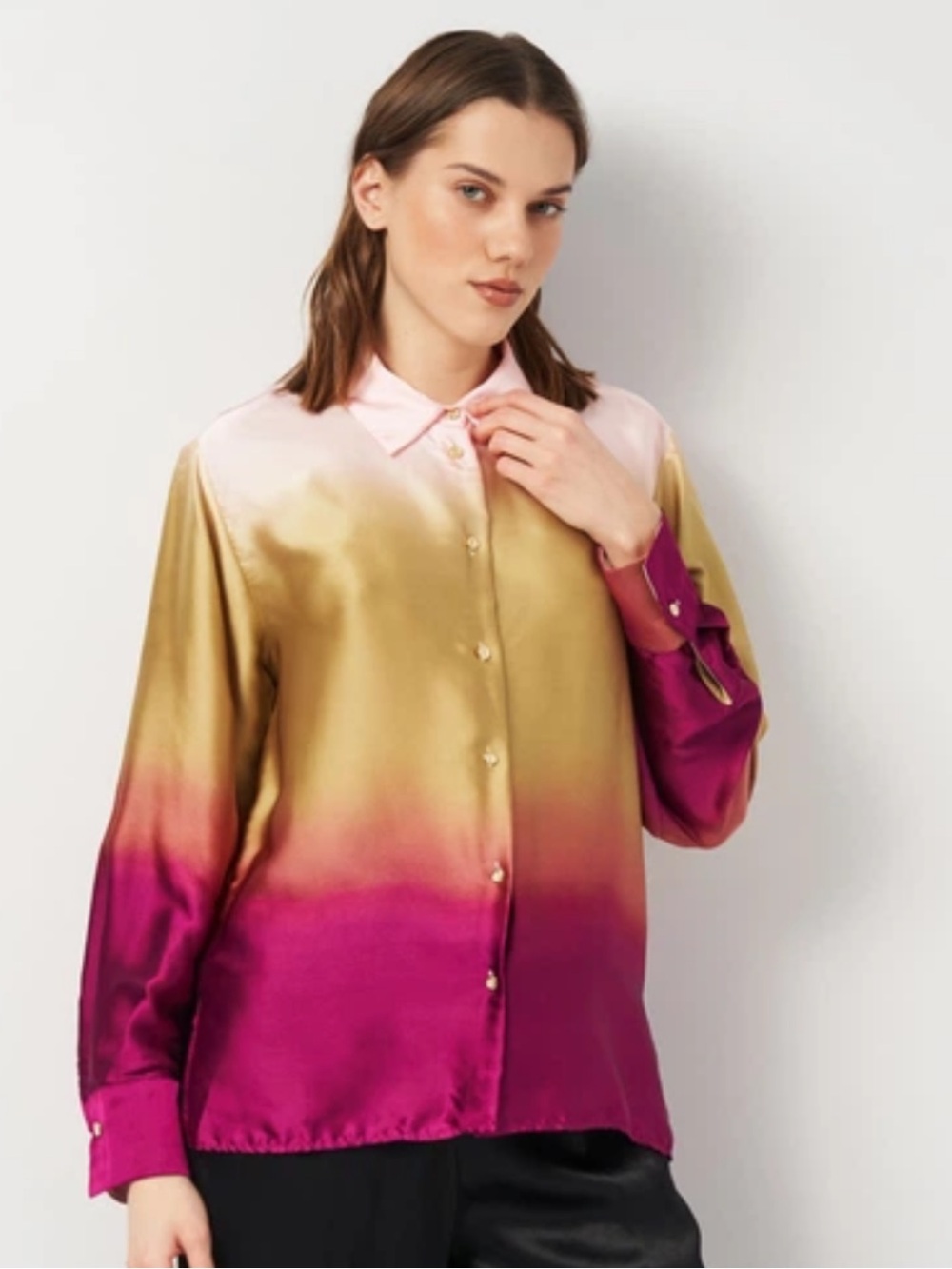 Zara Satin Effect Ombre Tie Dye Button Up Shirt Pink Gold L
